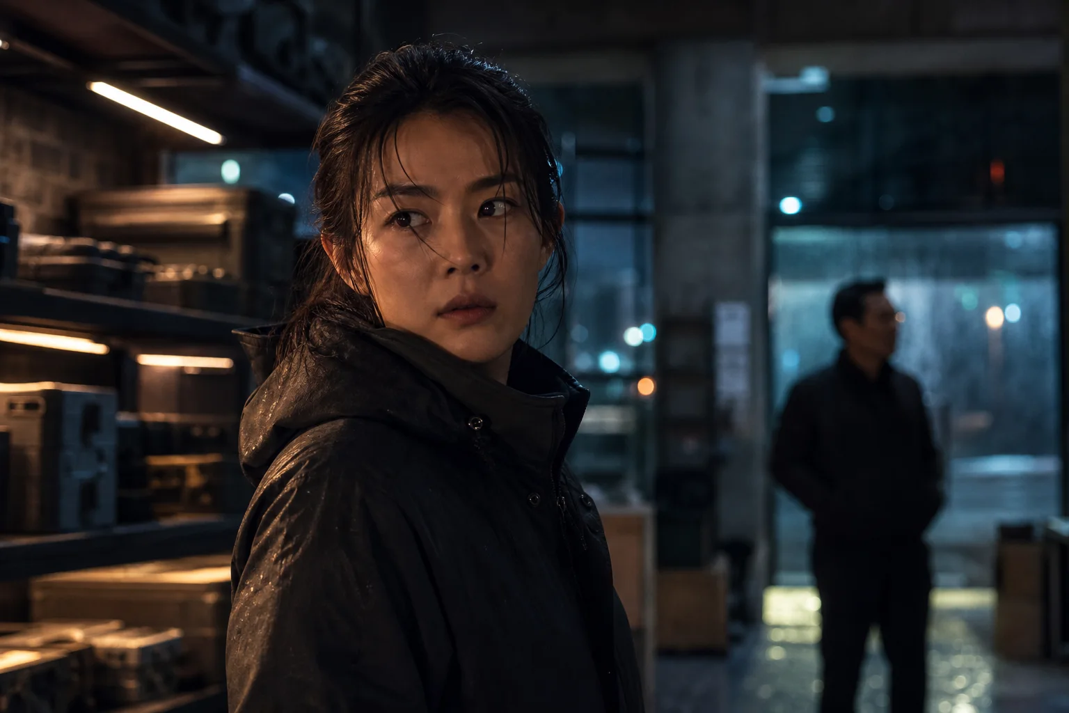 一名女子在夜間昏暗倉庫店鋪中保持警戒的原創編輯圖片