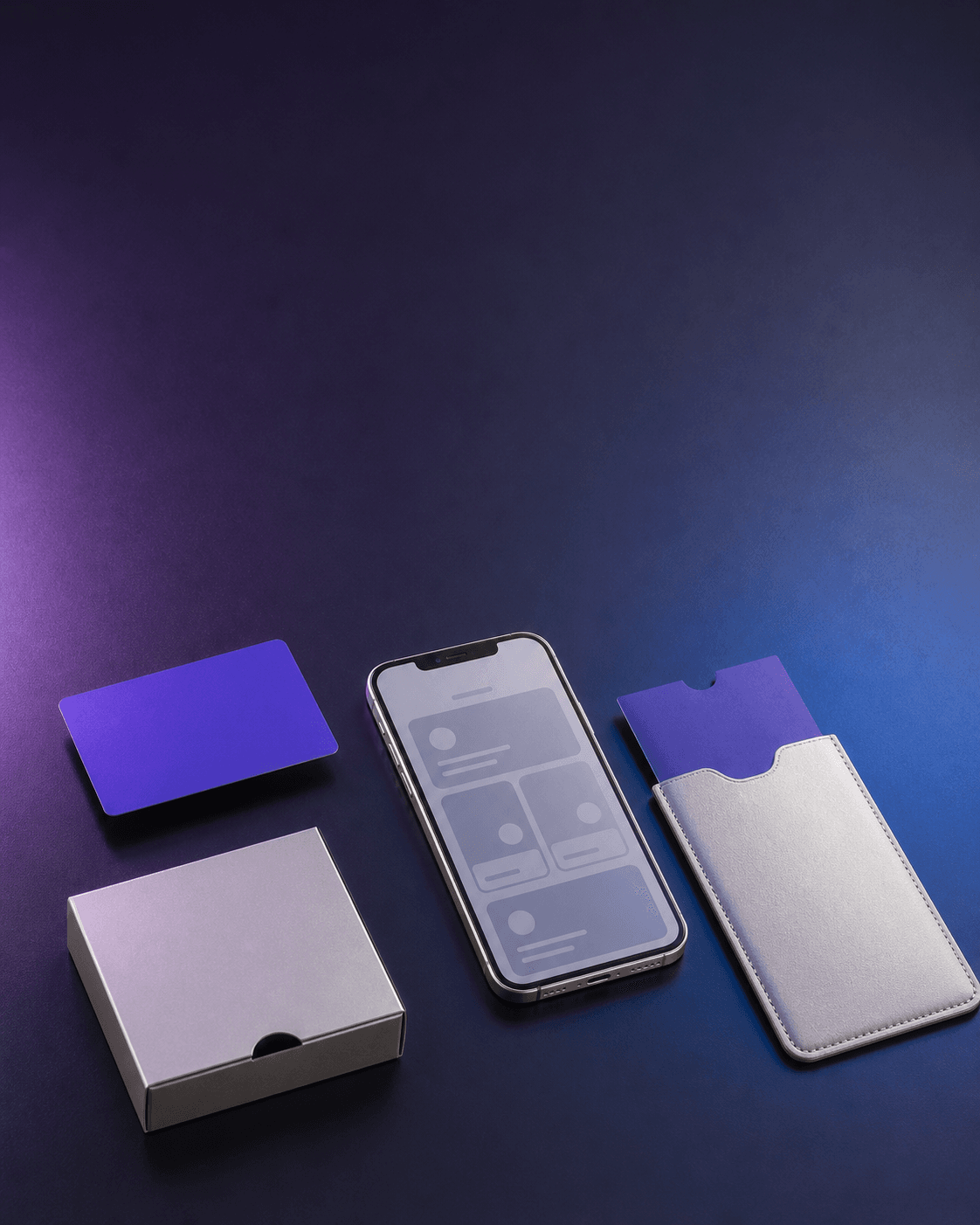 Original editorial still life with blank violet membership cards, smartphone, kit box and ticket holder