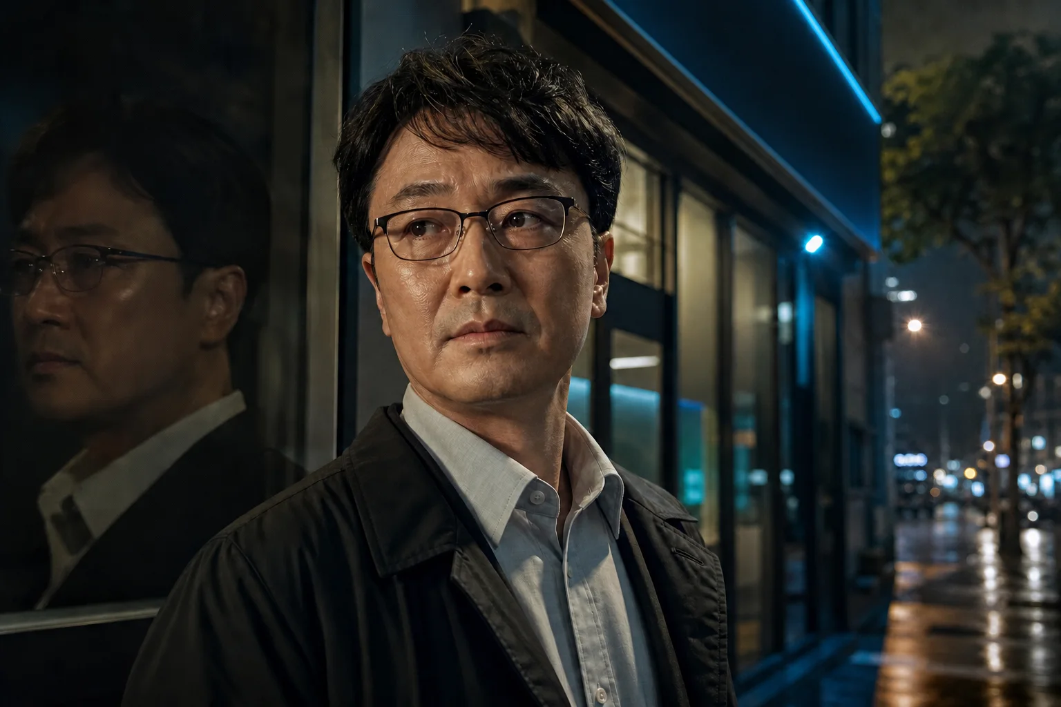 戴眼鏡的虛構中年上班族在夜間首爾街頭保持警戒