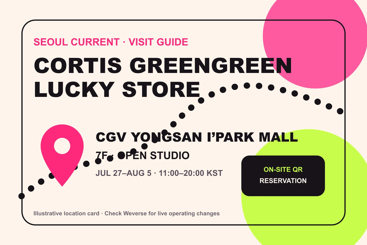 Illustrated Seoul location card for the CORTIS GREENGREEN Lucky Store at the 7th-floor Open Studio in CGV Yongsan I'Park Mall