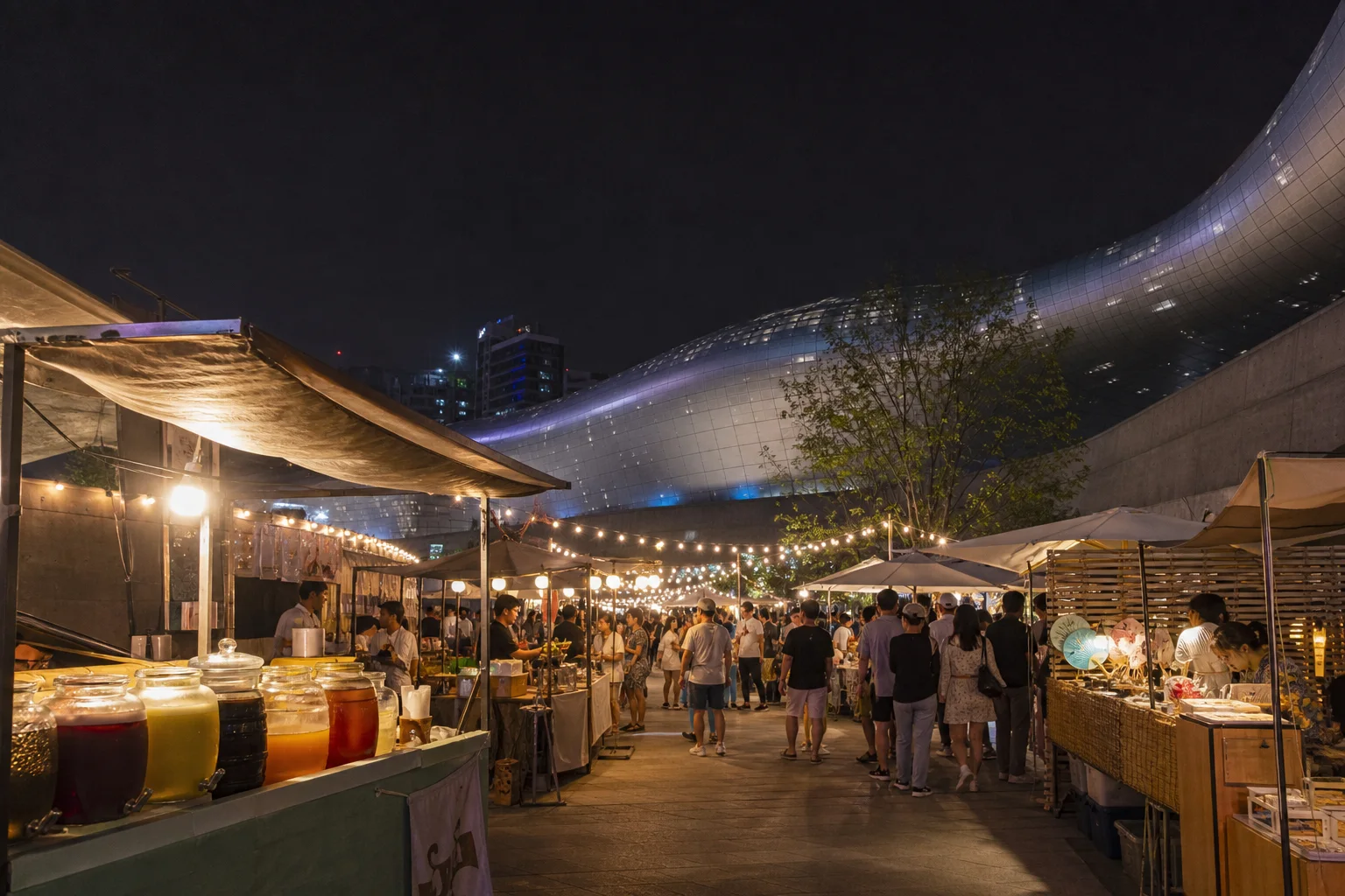 An original editorial illustration of a warm-lit night market beside DDP