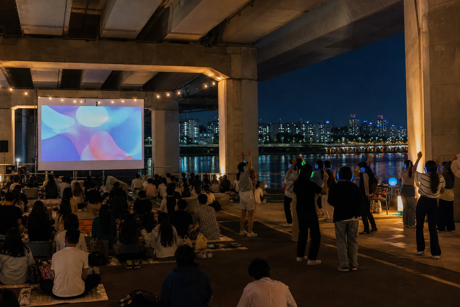 An original editorial night scene combining an outdoor movie and silent disco beneath a riverside bridge