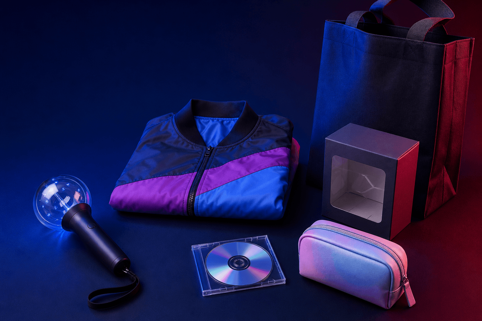 An original editorial still life with a generic light stick, folded jacket, tote, compact disc and small accessories