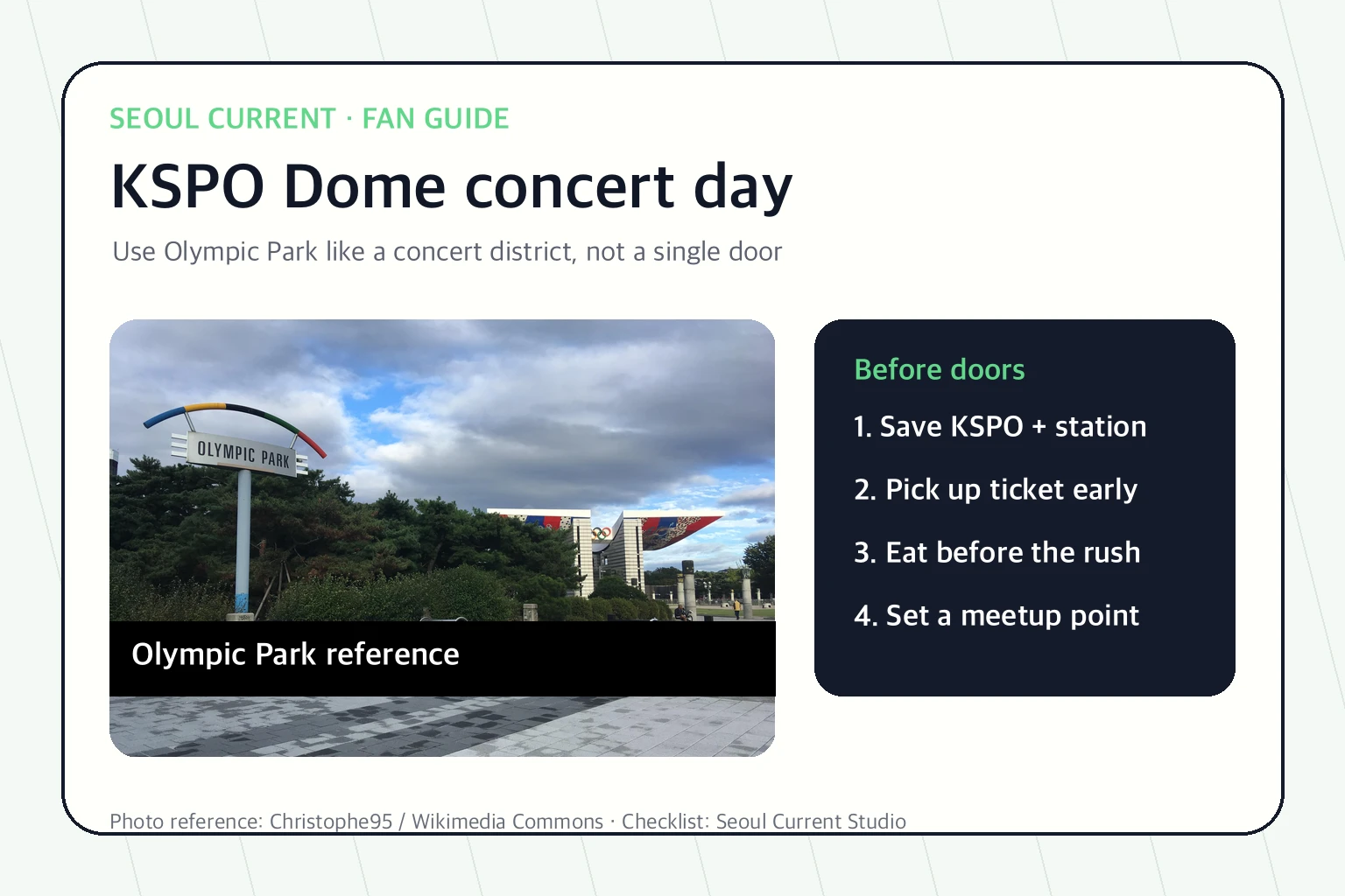 Reference photo of Seoul Olympic Park with a KSPO Dome concert-day checklist