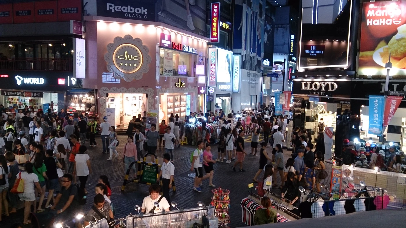 Night crowd on a shopping street in Myeongdong, Seoul