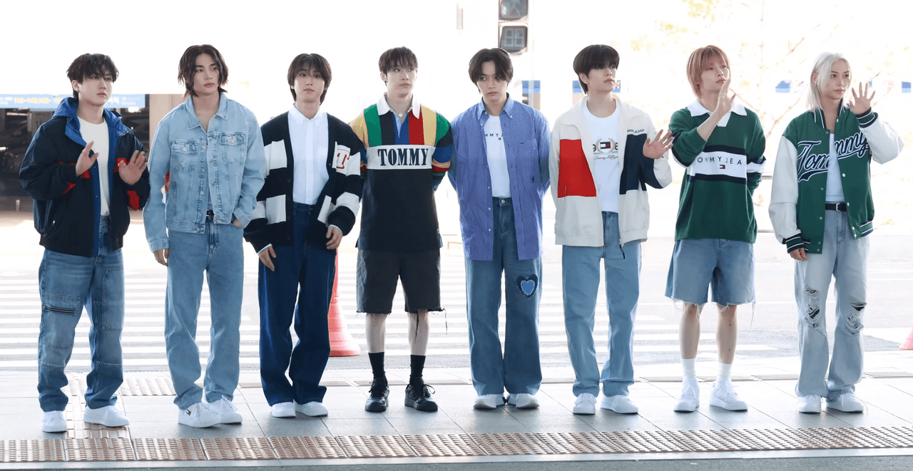 The eight members of Stray Kids together at Incheon Airport in May 2024